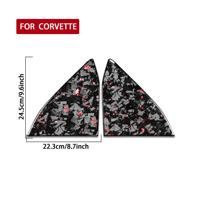 Two black triangle window decal templates with red reflective flake pattern