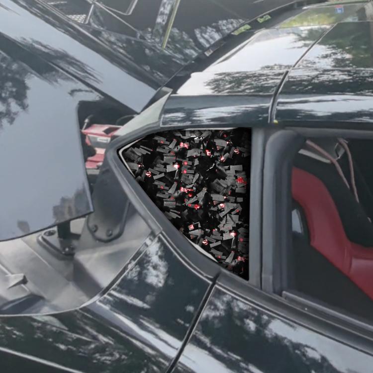 Black forged carbon fiber rear triangle window decal set with red reflective flake pattern