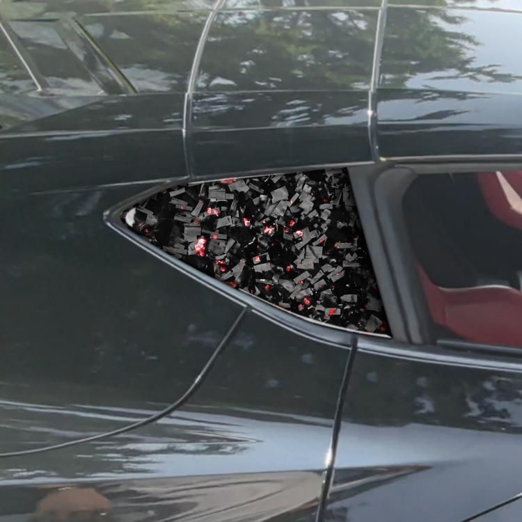 Rear triangle window decal pair in black carbon-fiber style with red reflective flares