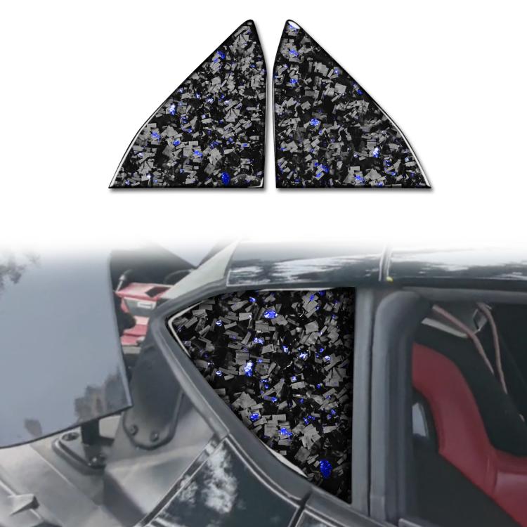 Set of two black forged carbon fiber triangle window decals with blue reflective flakes