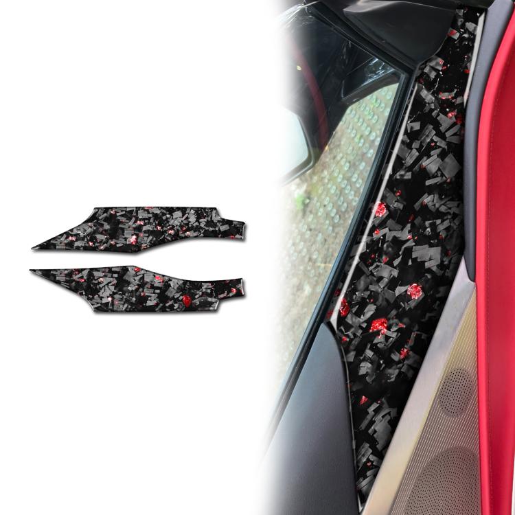 Pair of black carbon-fiber door panel decals with red fleck pattern, left and right
