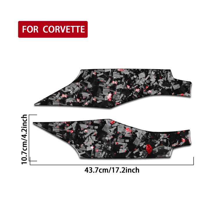 Black carbon-fiber door panel decal pair with red fleck pattern, curved long strips