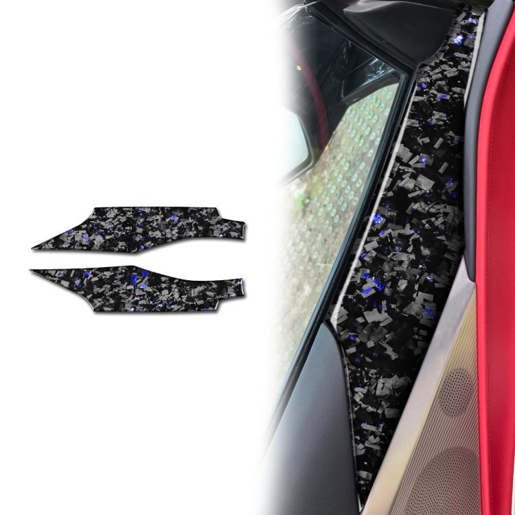 Pair of black carbon-fiber door panel decals with blue fleck pattern, left and right