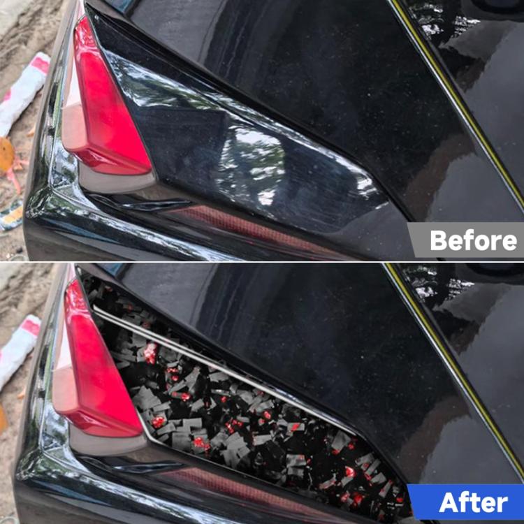 Before-and-after view of red mosaic carbon fiber taillight side overlay stickers