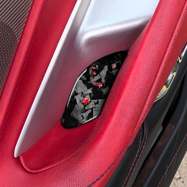 Left door inner bowl sticker, black carbon fiber pattern with red highlights
