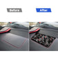 Seat panel sticker before-and-after, carbon fiber look with red accents