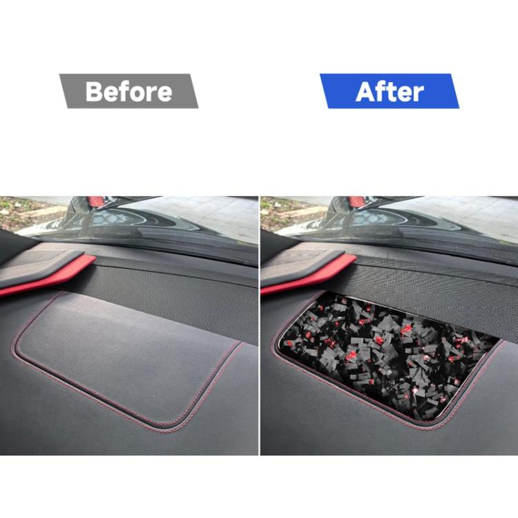 Seat panel sticker before-and-after, carbon fiber look with red accents