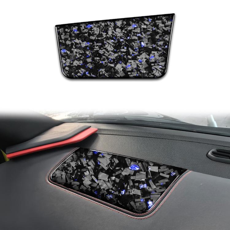 Carbon fiber-look seat panel sticker with blue accents, shaped passenger side insert