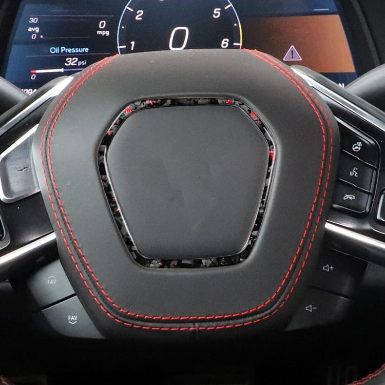 Steering wheel frame overlay sticker, black carbon fiber with red edge stitching
