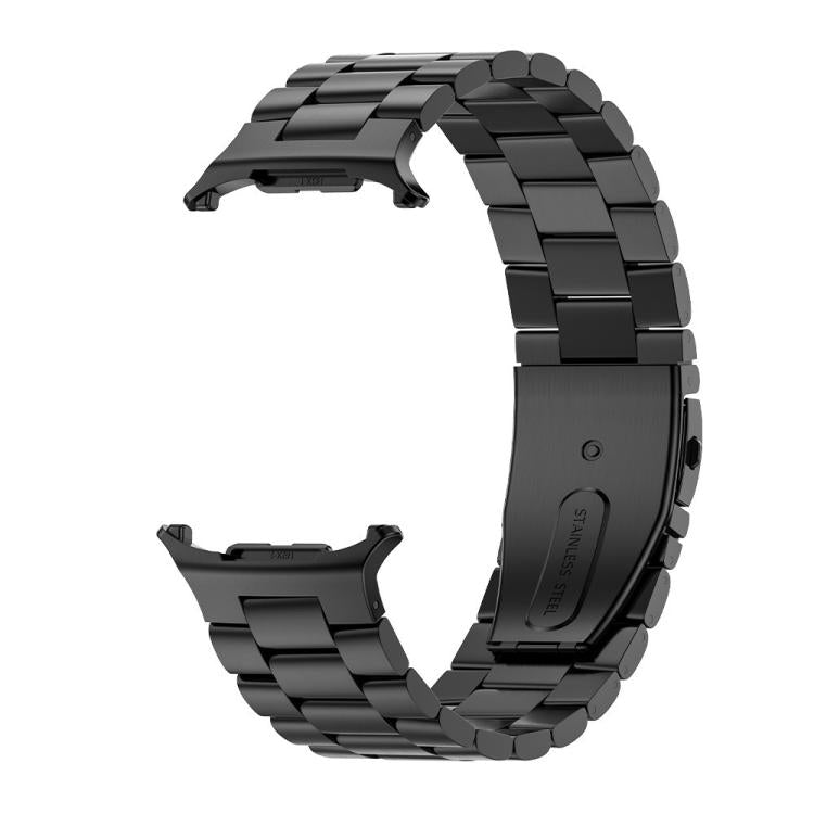 Black stainless steel three-bead watch band with a folding clasp and watch connectors.