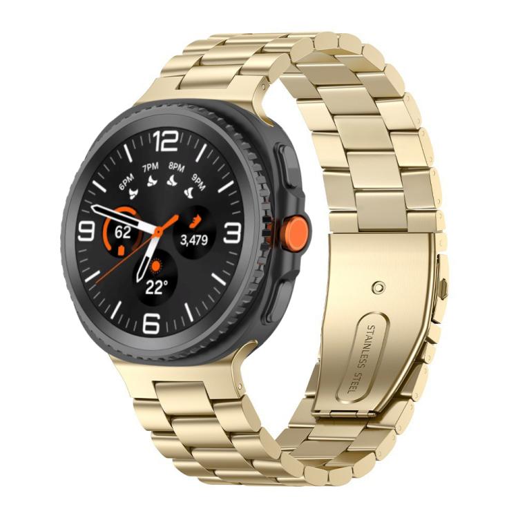 Gold stainless steel three-bead watch band shown attached to a smartwatch.
