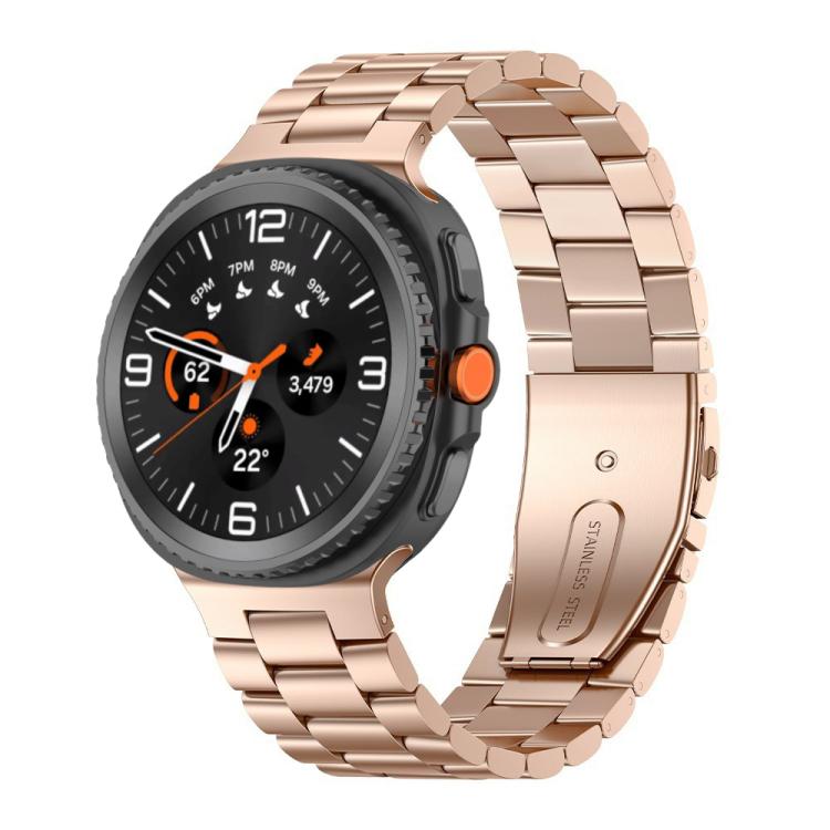 Rose gold stainless steel three-bead watch band shown attached to a smartwatch.