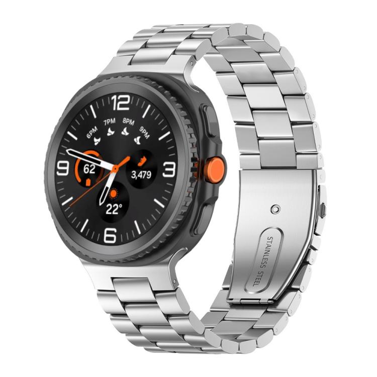 Silver stainless steel three-bead watch band shown attached to a smartwatch.