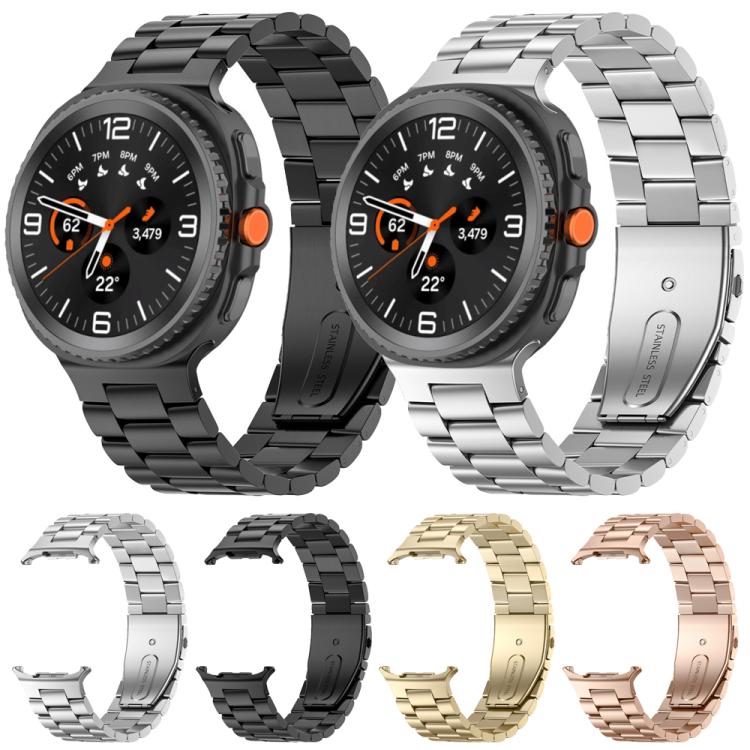 Stainless steel three-bead watch bands in black, silver, gold, and rose gold.