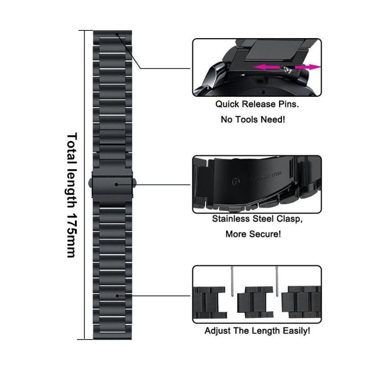 Black stainless steel watch band with quick-release pins, adjustable links, and folding clasp; 175 mm long.