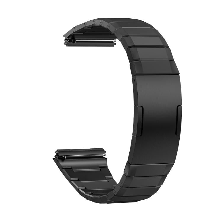 Black stainless steel watch band with segmented links and a folding clasp