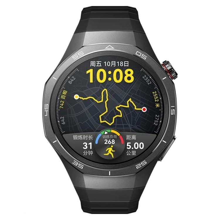 Black stainless steel watch band partly visible behind a Huawei smartwatch