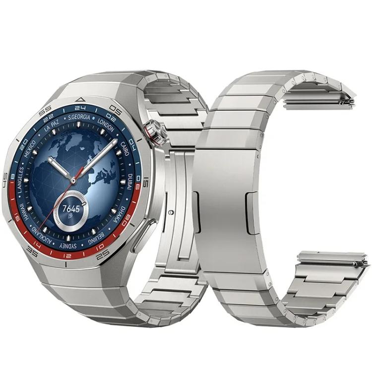 Silver stainless steel watch band shown with a Huawei watch and as a separate band