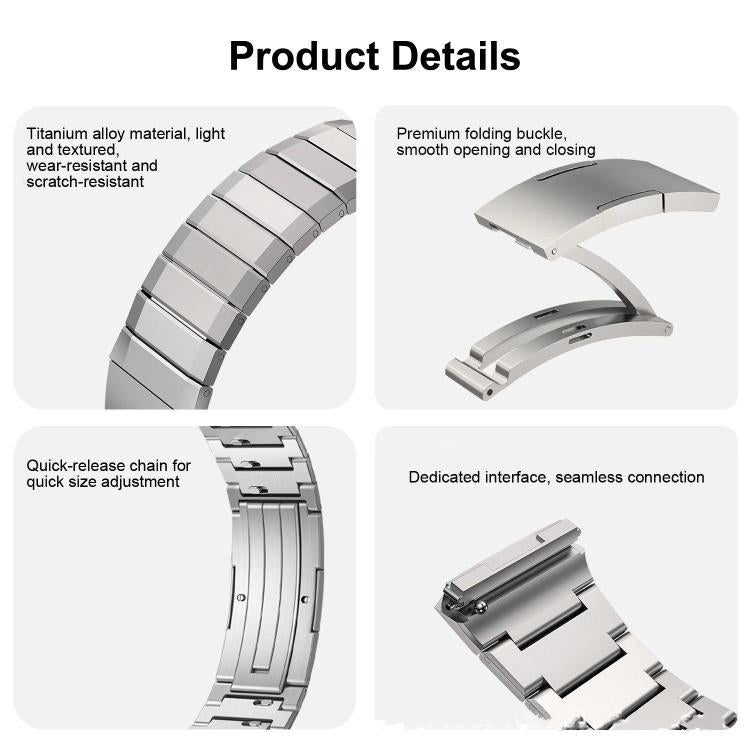 Silver stainless steel watch band with adjustable links and folding clasp details