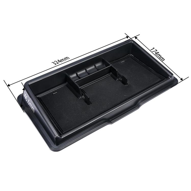 Car dashboard storage box with size measurements, black tray with textured inserts