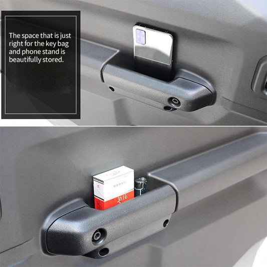 Car door storage box installed on door panel, with side oval holes