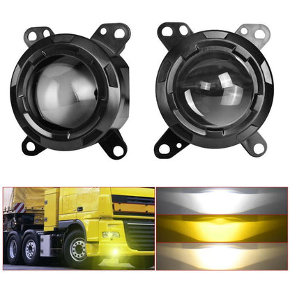 Dual-lens fog light projector with black mounting bracket and round bezel lens