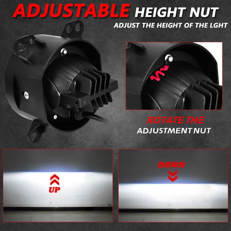 Adjustable dual-lens fog light projector with rotating height adjustment nut, black mount