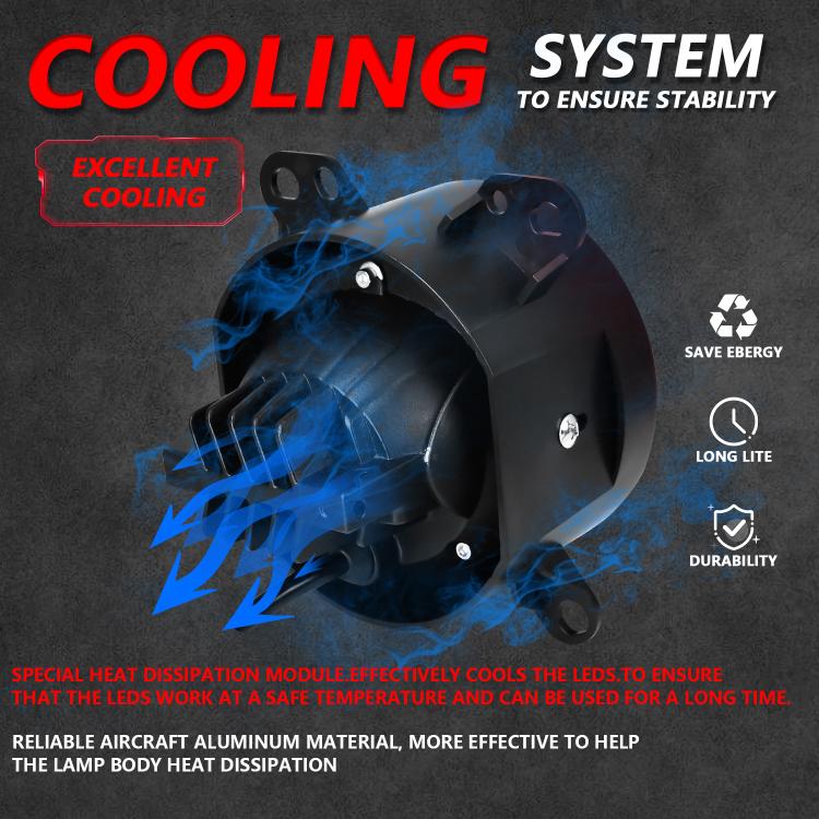 Black dual-lens fog light projector with cooling design and vented mounting base
