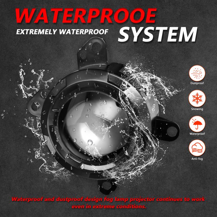 Waterproof dual-lens fog light projector with sealed lens and water splash droplets