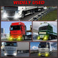 Fog light projector pair mounted on trucks, round front lens beams illuminated