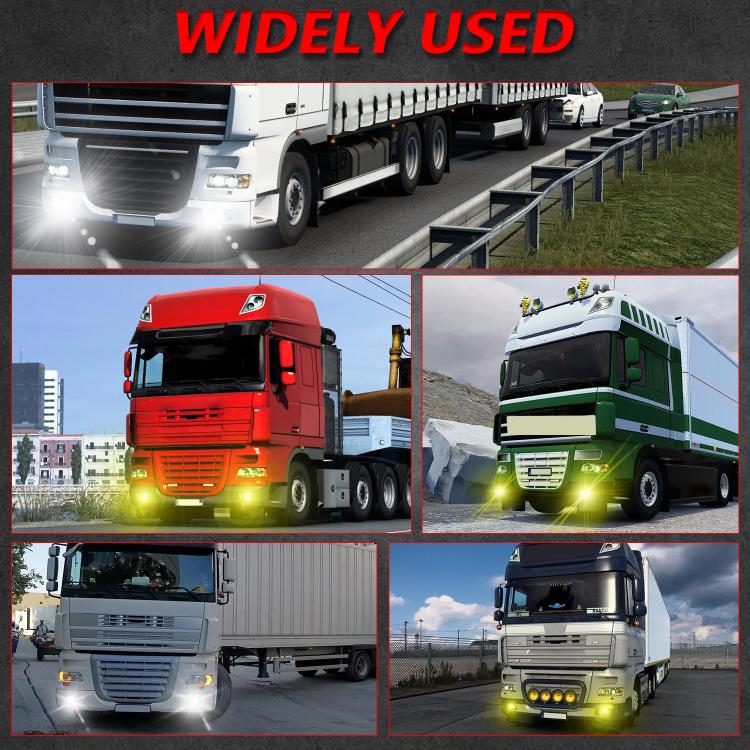 Fog light projector pair mounted on trucks, round front lens beams illuminated