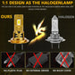 Gold LED headlight bulb compared to halogen bulb on split design graphic