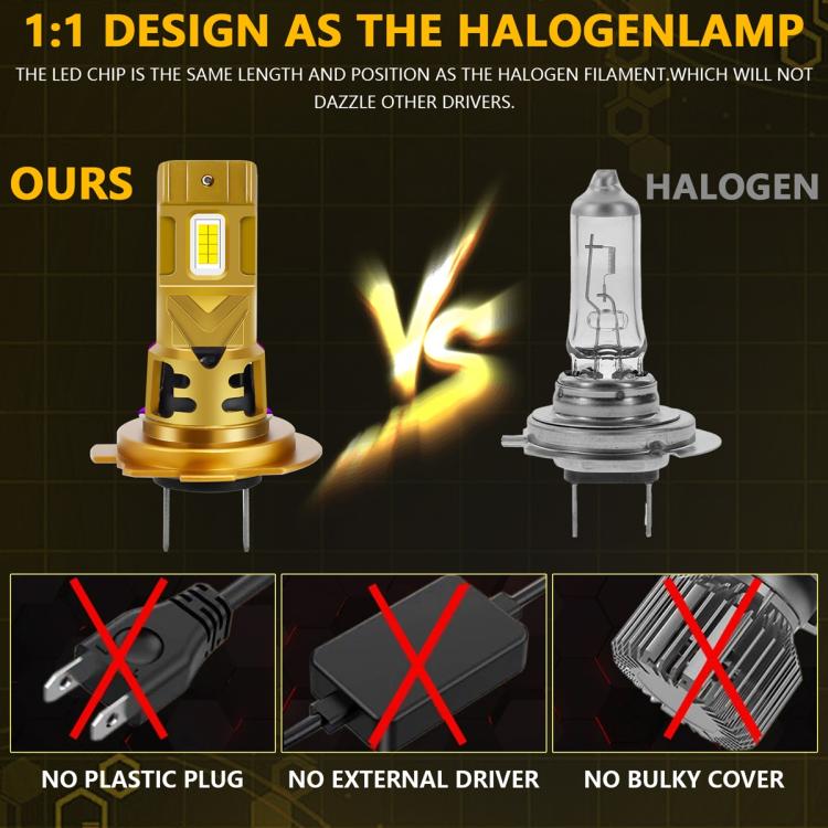 Gold LED headlight bulb compared to halogen bulb on split design graphic