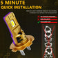 Gold LED headlight bulb with quick installation graphic showing plug-and-play