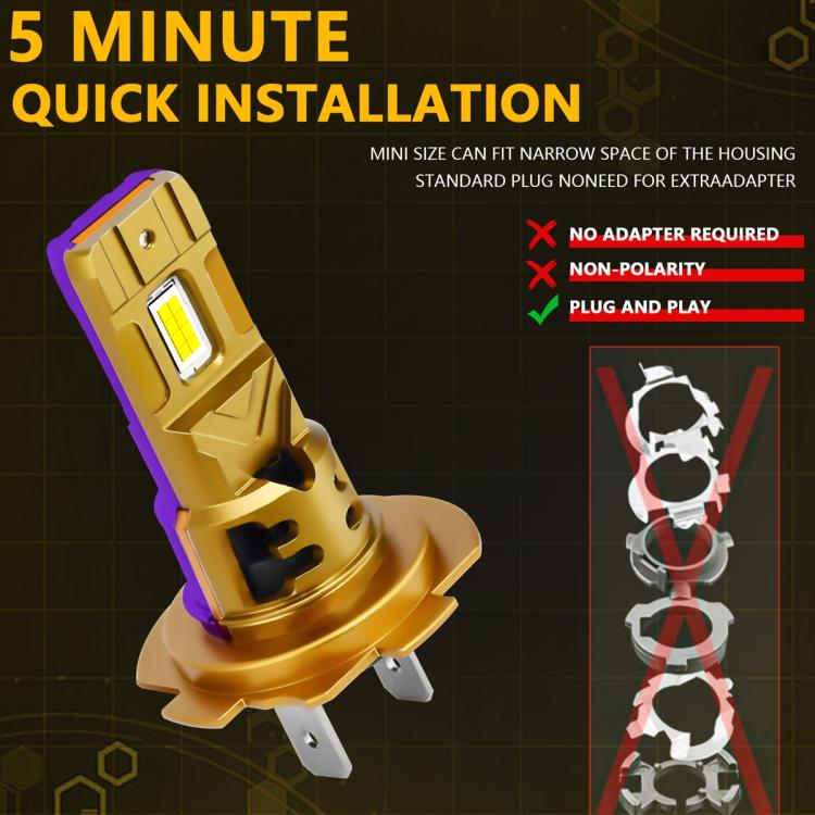Gold LED headlight bulb with quick installation graphic showing plug-and-play