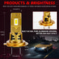 Gold LED headlight bulb with fan-style heat sink and size diagram