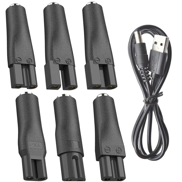 Black DC shaver charging adapter set with 6 female plugs and USB charging cable