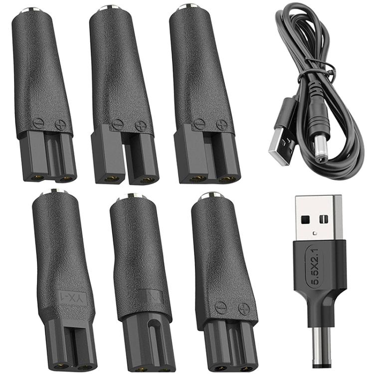 Black DC shaver charging adapter set with 6 plugs and USB-to-DC cable
