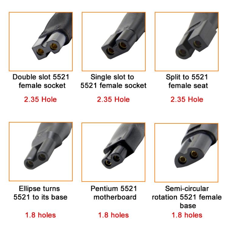 Multiple DC 5521 charging adapter plug styles with 2.35mm holes
