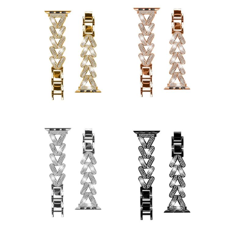 Metal Apple Watch band with twisted, diamond-set V-shaped links in gold, rose gold, silver, and black