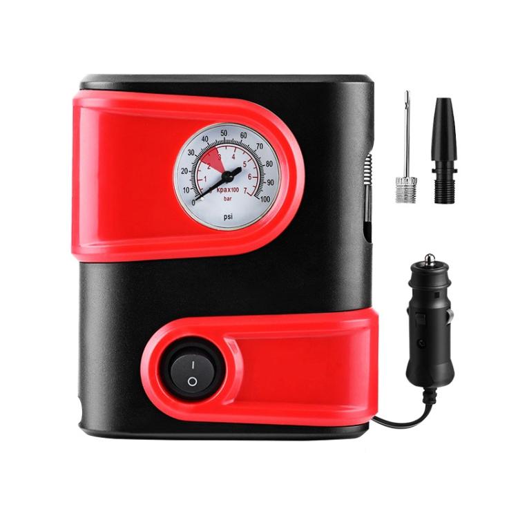 Red and black mini electric air pump with pressure gauge and power button