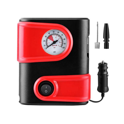 Red and black mini electric air pump with pressure gauge and power button