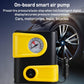 Yellow and black mini electric air pump with pressure gauge and nozzle attachments