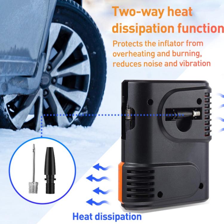 Black mini electric air pump with heat-dissipation vents and hose attachment
