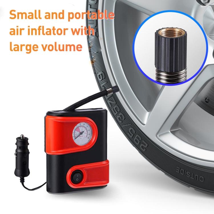 Red mini portable air inflator with pressure gauge and threaded nozzle