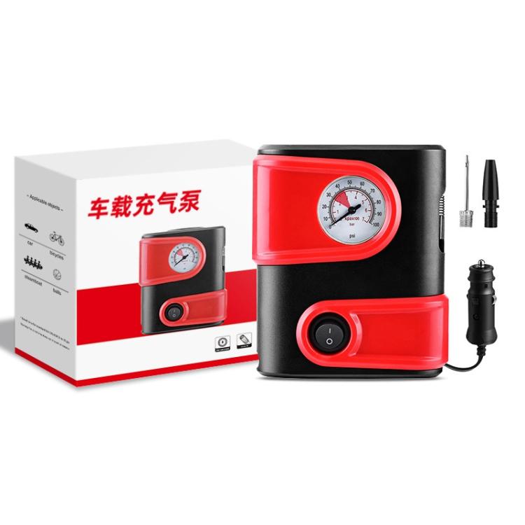 Red and black mini electric air pump with pressure gauge, switch, and included accessories