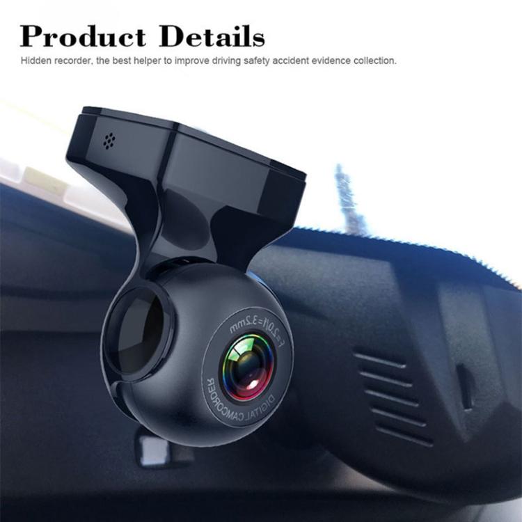 Hidden dash cam front close-up, black casing with wide-angle lens