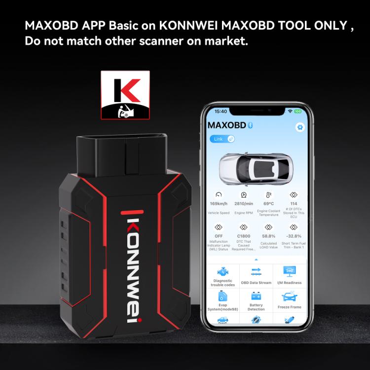 MAXOBD OBD2 scanner with red-outlined edges, shown beside smartphone app screen