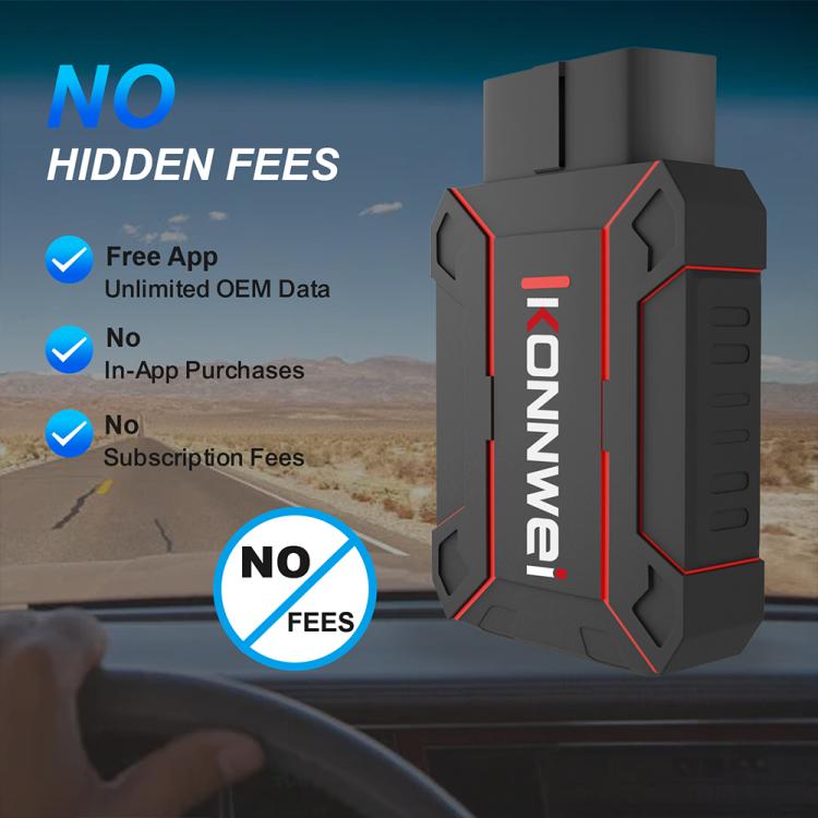 Compact OBD2 diagnostic scanner with red lines and black rugged body