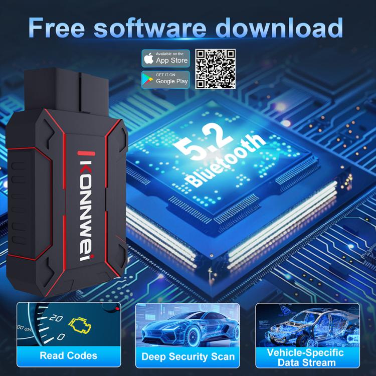 KONNWEI MAXOBD OBD2 scanner beside circuit board with Bluetooth feature callout